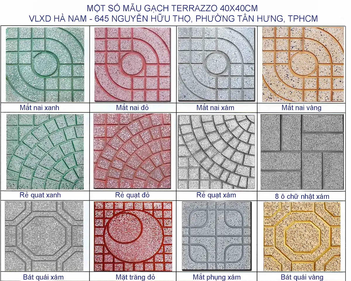Gạch terrazzo mặt trăng 13 Các mẫu gạch terrazzo 40x40cm lát vỉa hè đầy đủ màu sắc.